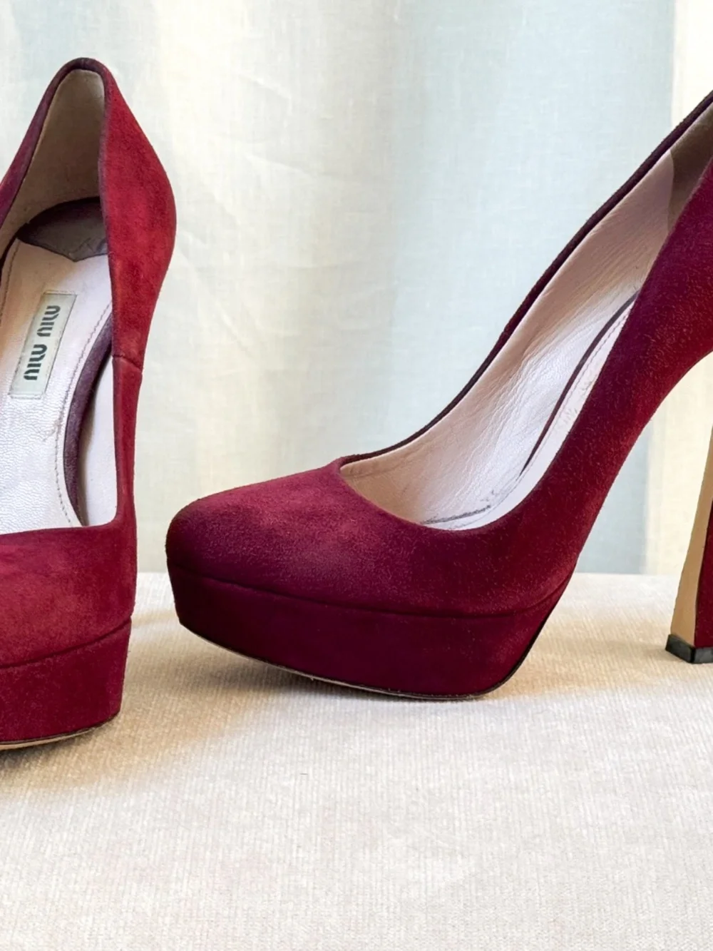 Miu Miu Burgundy Suede Platform Pumps Sculptural Heels 37.5